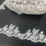 Embroidered Beaded Lace Trim White Silver