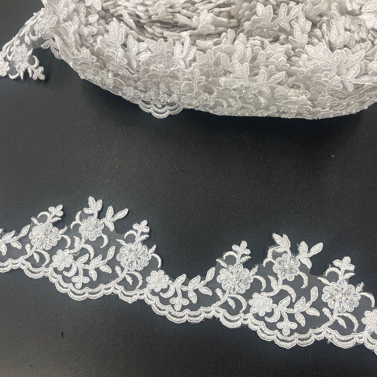 Beaded Corded Scalloped Lace Trim Polyester Fabric - White With Silver, 4" Width (1 Yard)