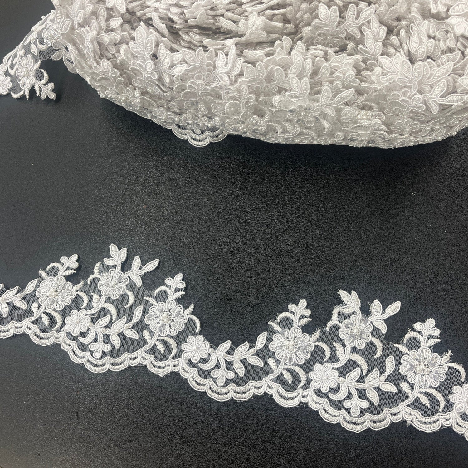Beaded Corded Scalloped Lace Trim Polyester Fabric - White With Silver, 4" Width (1 Yard)