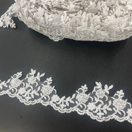 Beaded Corded Scalloped Lace Trim Polyester Fabric - White With Silver, 4" Width (1 Yard)