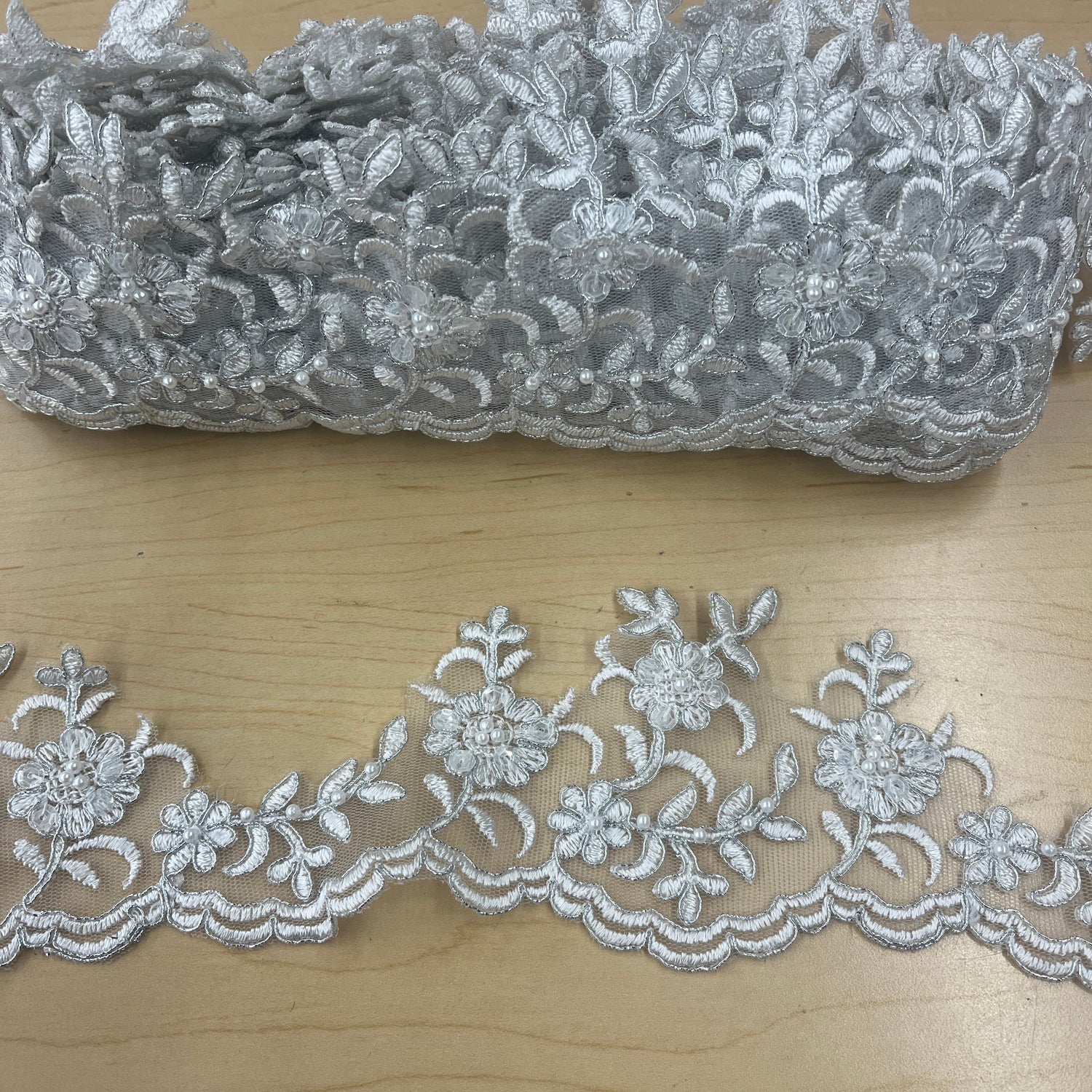 Embroidered Beaded Lace Trim White Silver