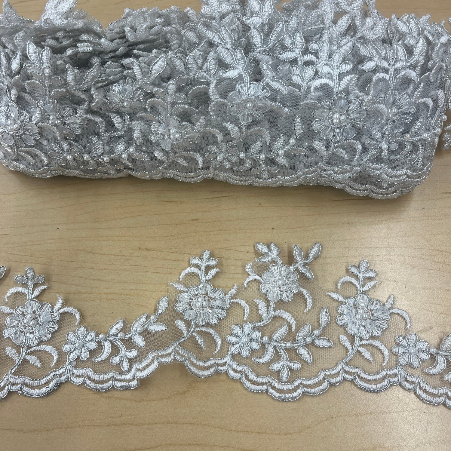 Beaded Corded Scalloped Lace Trim Polyester Fabric - White With Silver, 4" Width (1 Yard)