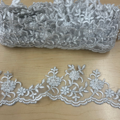 Polyester Lace Trim Beaded Corded Scalloped 4" Wide