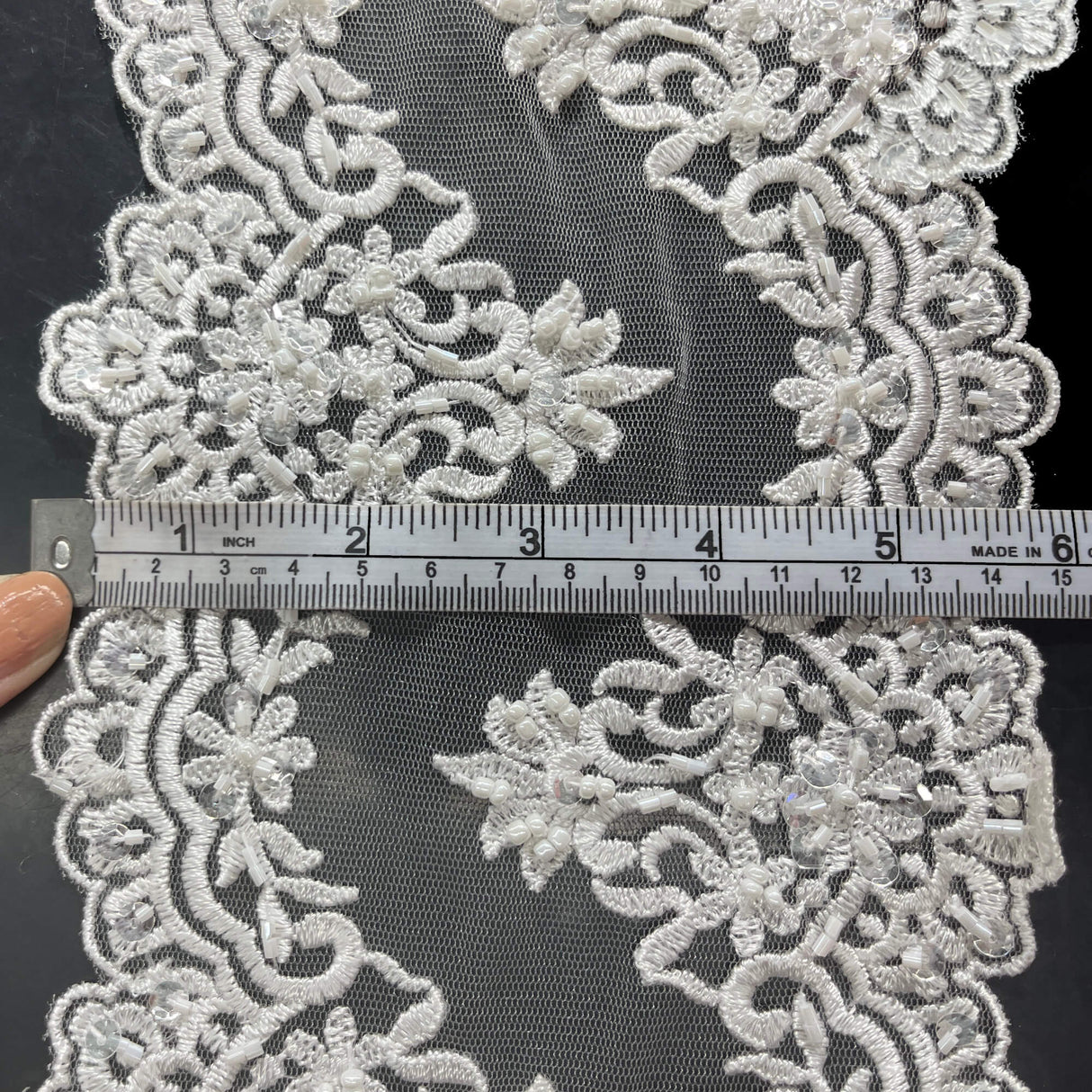 Beaded Double Sided Lace Trimming Polyester Fabric - Embroidered Beaded Net Mesh, 6" Width (1 Yard)