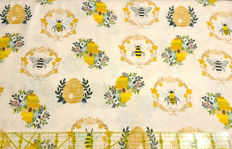 Quilting Cotton Beehive Floral Bumble Bee Honey