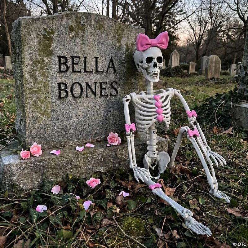 Bella Bones Posable Skeleton Halloween Decoration with Bows and Hearts, showing a detailed skeletal bone design