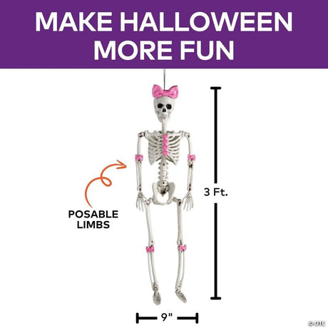 Bella Bones Posable Skeleton Halloween Decoration with Bows and Hearts, showing a detailed skeletal bone design