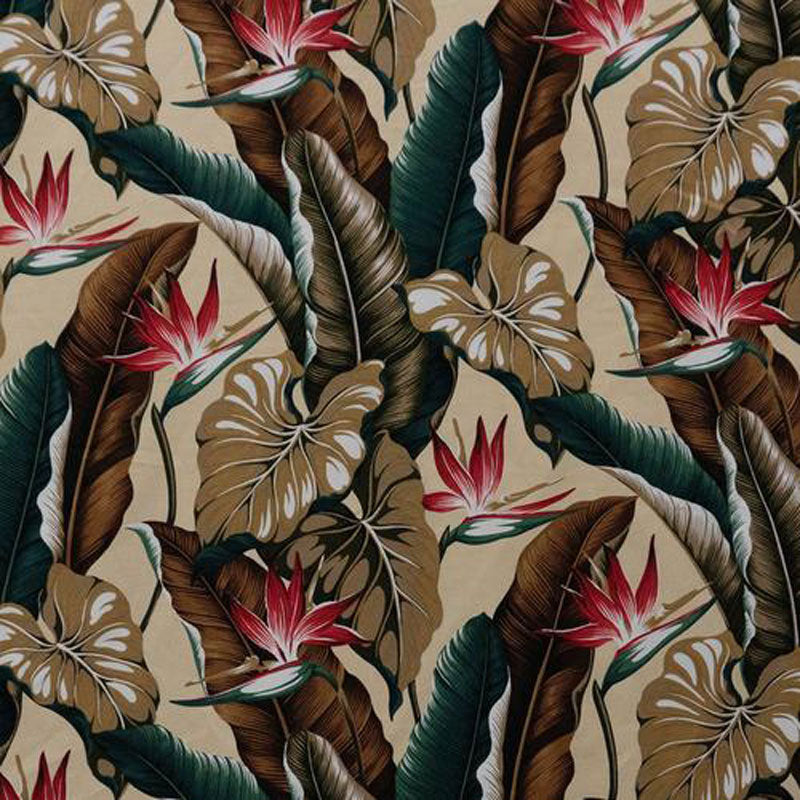 Bird Of Paradise Tropical Leaves Cotton Heavy Barkcloth Fabric - Black, Red, Beige, Tropical Leaves, 36" X 56" (1 Yard)