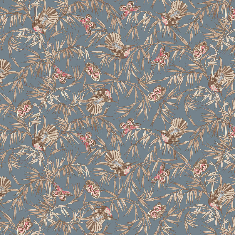Cotton Fabric Birds and Butterflies Blue Meadow Blush 43/44"