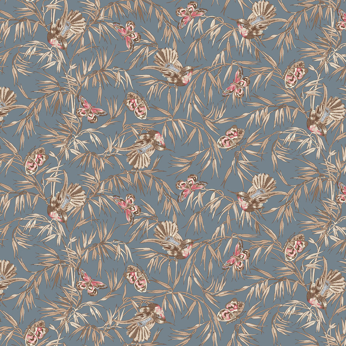Cotton Fabric Birds and Butterflies Blue Meadow Blush 43/44"