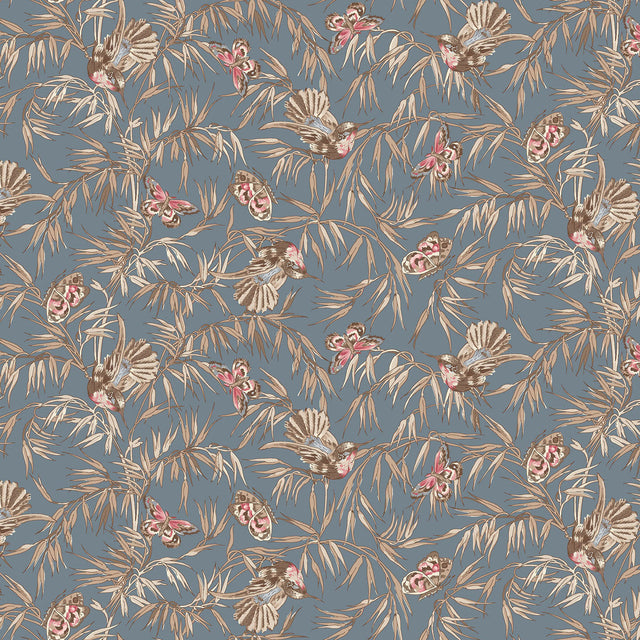 Cotton Fabric Birds and Butterflies Blue Meadow Blush 43/44"
