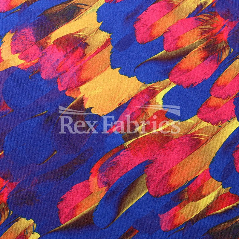 Birds Of Paradise Polyester Spandex Fabric - Blue/Yellow Feather Print, 58/60" Width, 320 GSM, Four-Way Stretch (1 Yard)
