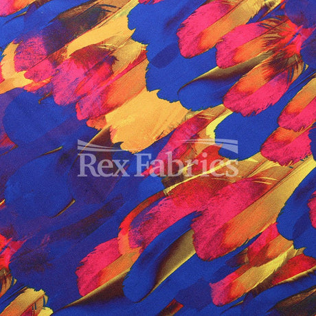 Birds Of Paradise Polyester Spandex Fabric - Blue/Yellow Feather Print, 58/60" Width, 320 GSM, Four-Way Stretch (1 Yard)
