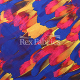 Birds Of Paradise Polyester Spandex Fabric - Blue/Yellow Feather Print, 58/60" Width, 320 GSM, Four-Way Stretch (1 Yard)