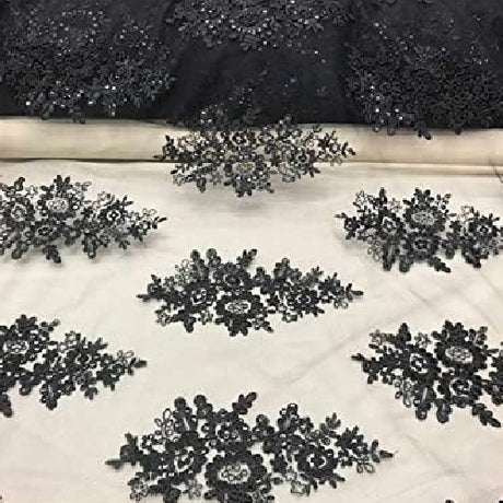 Black Sequin Lace Fabric With Embroideries On Mesh - Black Floral Embroidery, 54" Width