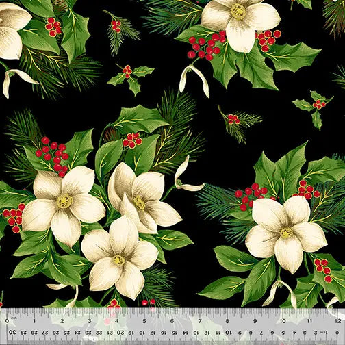 Cotton Fabric Black Christmas Blooms Wideback 108"