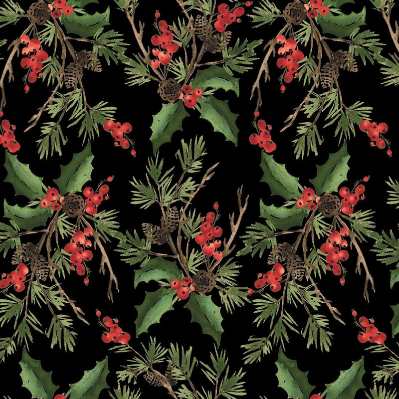 Cotton Wideback Fabric Black Holly Bouquet 108"