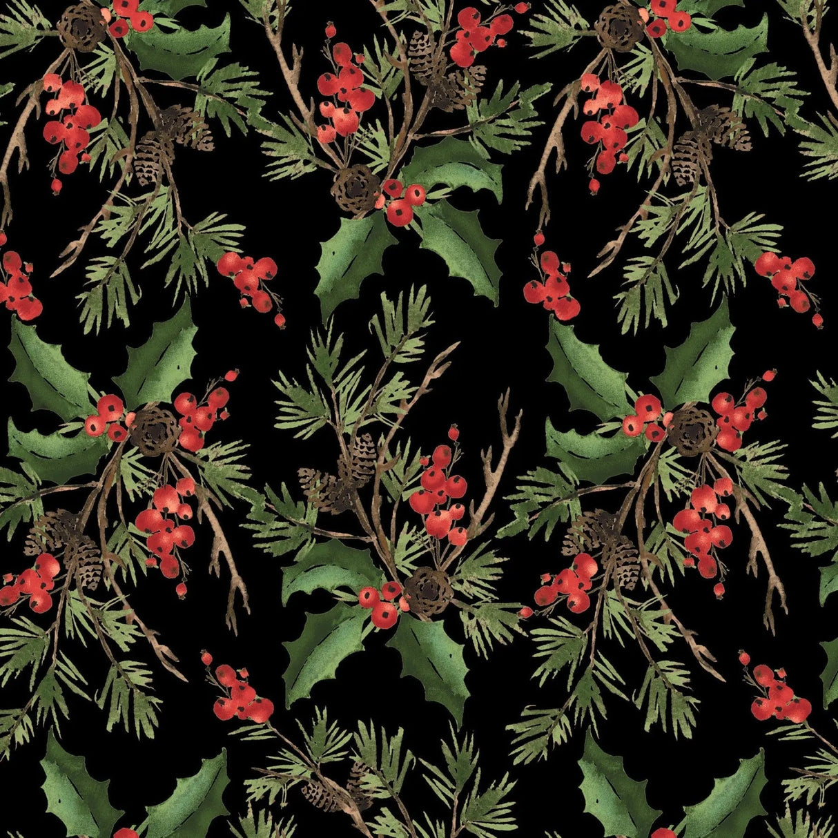 Cotton Wideback Fabric Black Holly Bouquet 108"