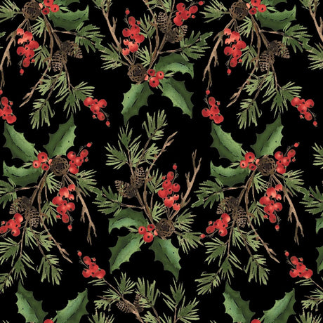 Cotton Wideback Fabric Black Holly Bouquet 108"