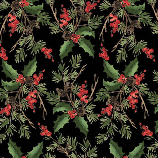 Cotton Wideback Fabric Black Holly Bouquet 108"