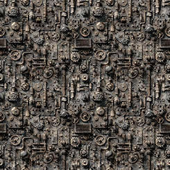 Cotton Print Black Steam & Steel Train Mechanical Gears Fabric 44/45