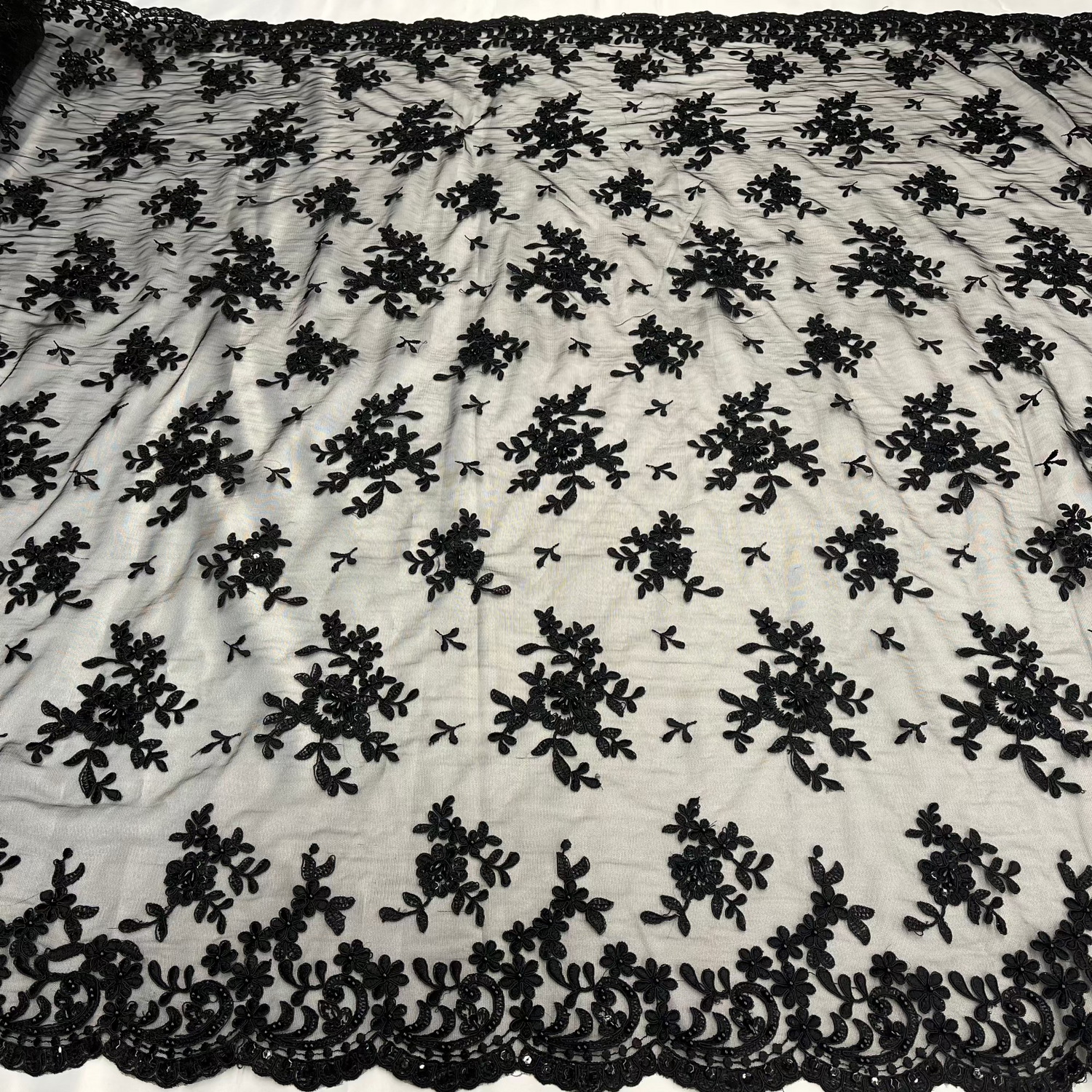 Beaded Corded Floral Lace Fabric