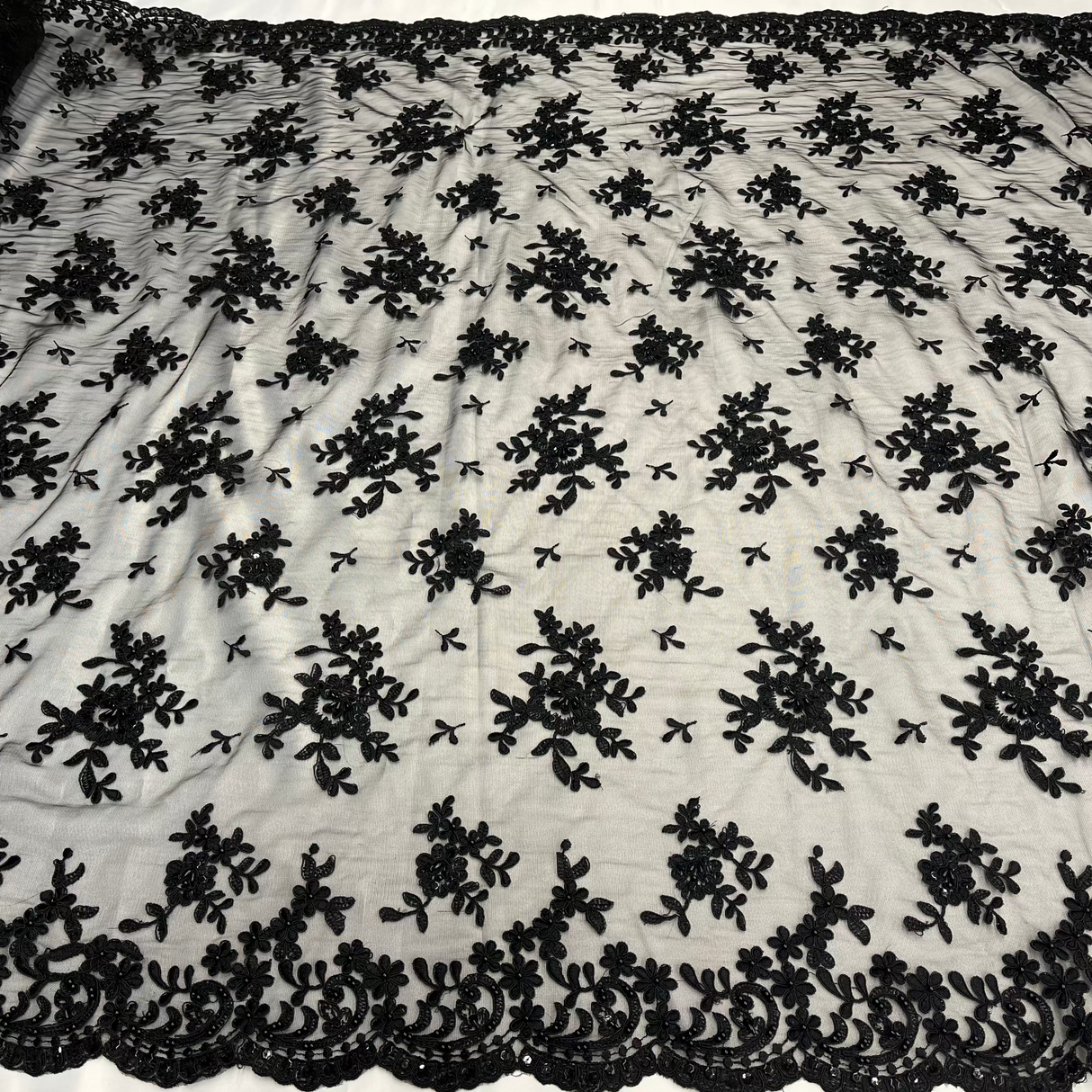 Beaded Corded Floral Lace Fabric 52" Scalloped Edges