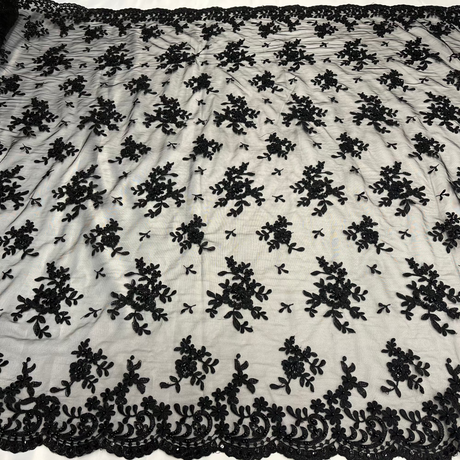 Beaded Corded Floral Lace Fabric 52" Scalloped Edges