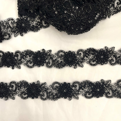 Beaded Corded Lace Trim on Polyester Net Mesh