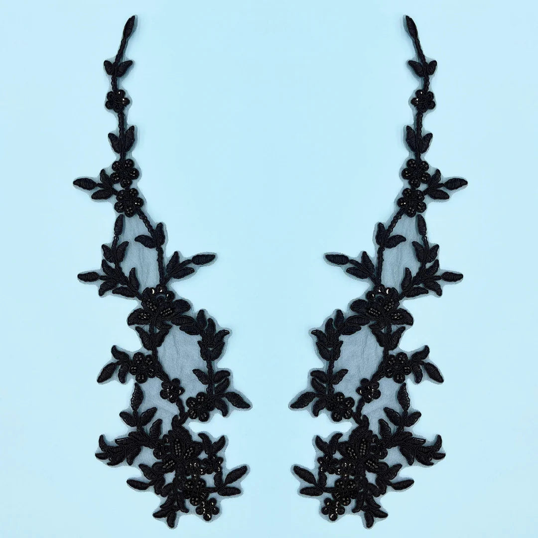 1 Pair 17" x 4.5" Beaded & Corded Floral Lace Applique 100% Polyester Net Mesh