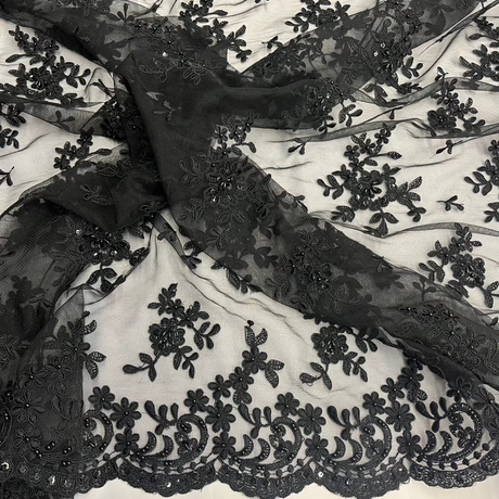 Beaded Corded Lace Fabric - Floral Design, Scalloped Edges, 52" Width (1 Yard)