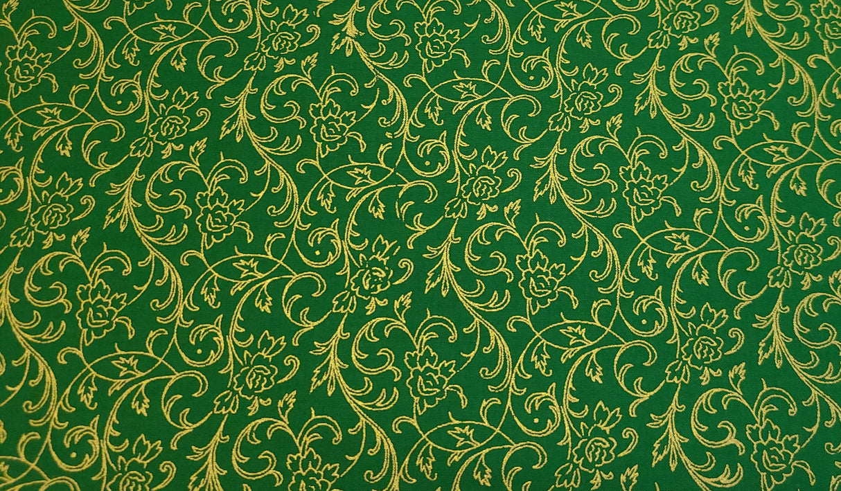 Quilting Cotton Holly Jolly Christmas Metallic Gold Vinery