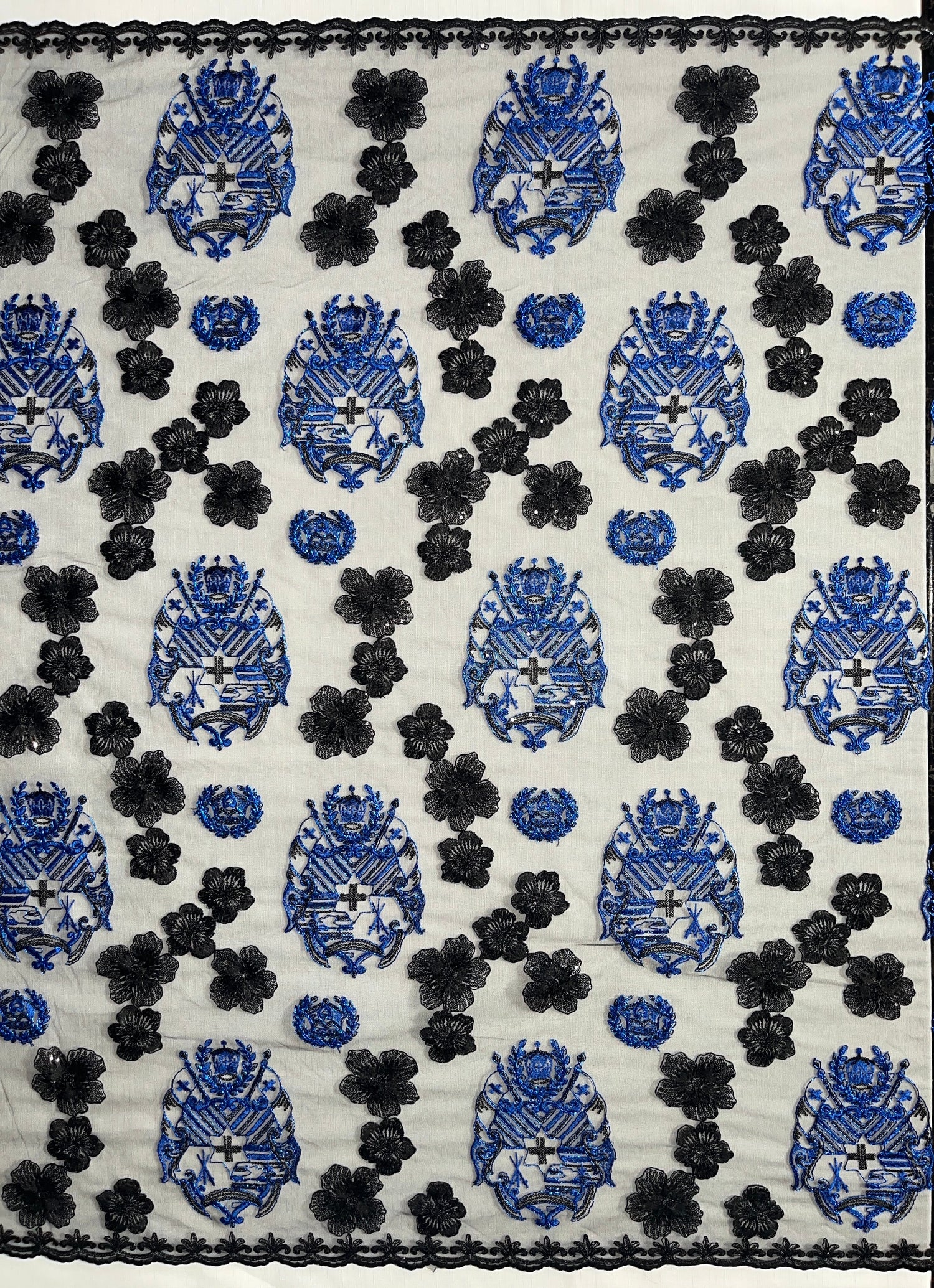 Black Hibiscus Flowers Tonga Seal Lace Polyester Fabric - Black Hibiscus Border Lace, 50" Width (1 Yard)