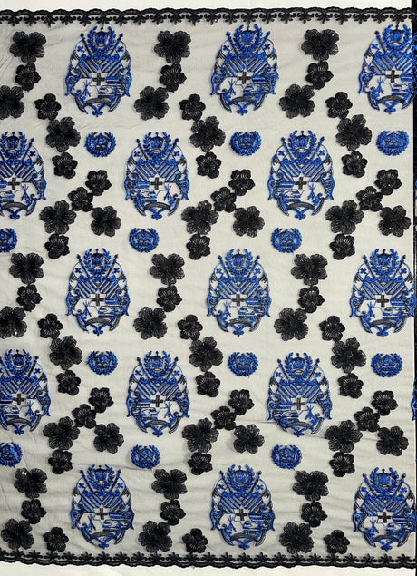 Black Hibiscus Flowers Tonga Seal Lace Polyester Fabric - Black Hibiscus Border Lace, 50" Width (1 Yard)