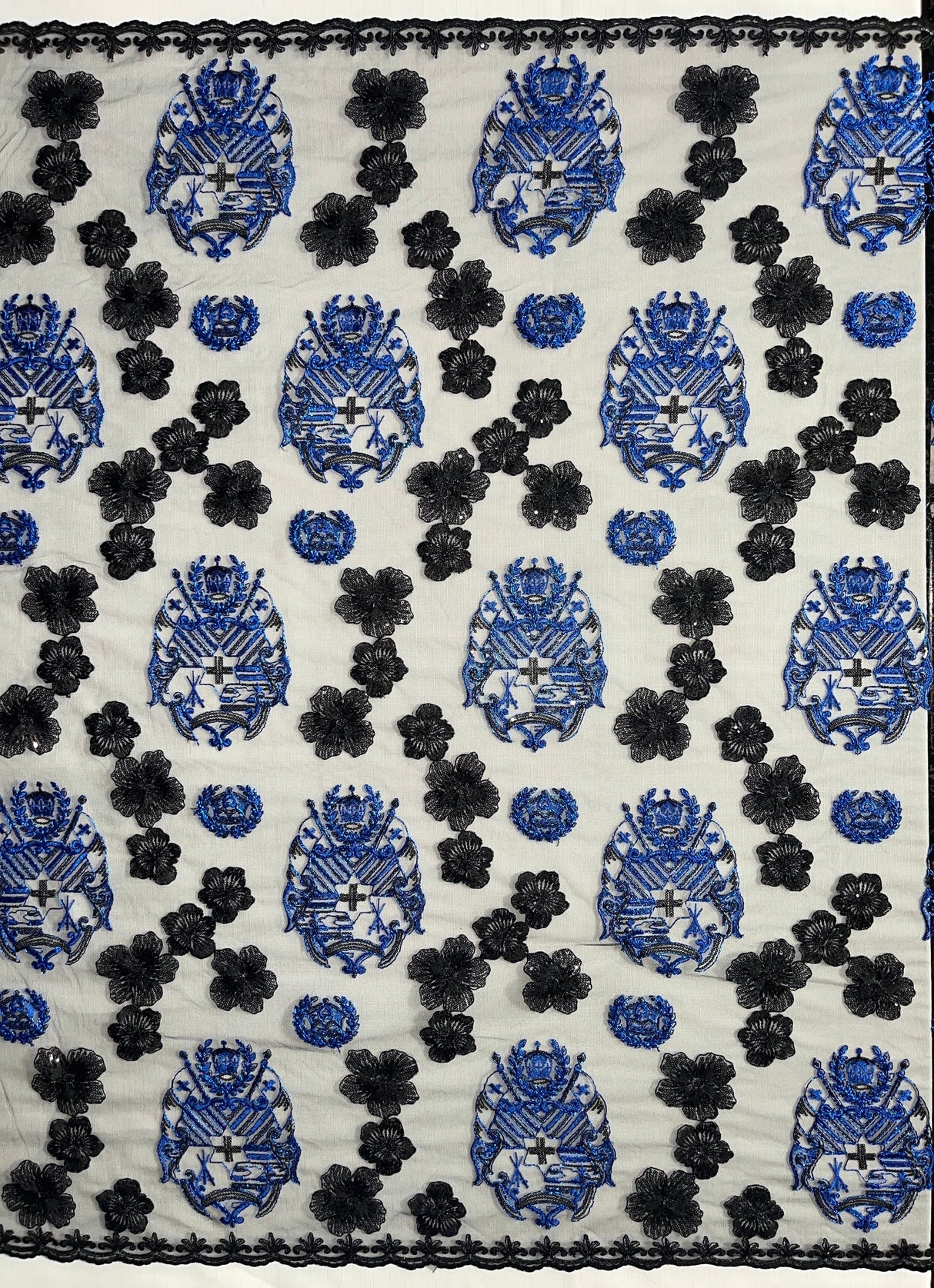 Black Hibiscus Flowers Tonga Seal Polyester Lace Fabric - Black Hibiscus Pattern, 50" Width (1 Yard)