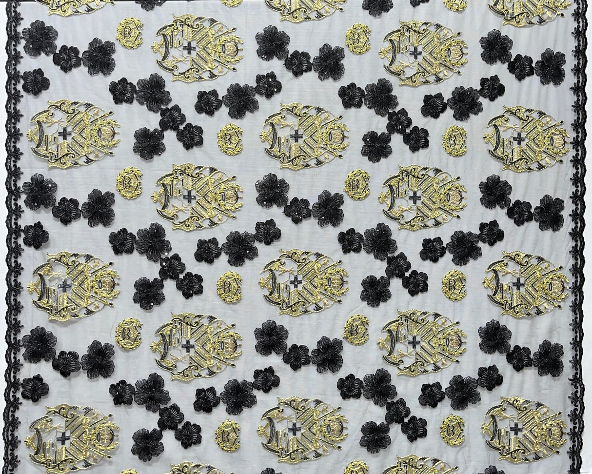 Black Hibiscus Flowers Tonga Seal Polyester Lace Fabric - Black Hibiscus Pattern, 50" Width (1 Yard)