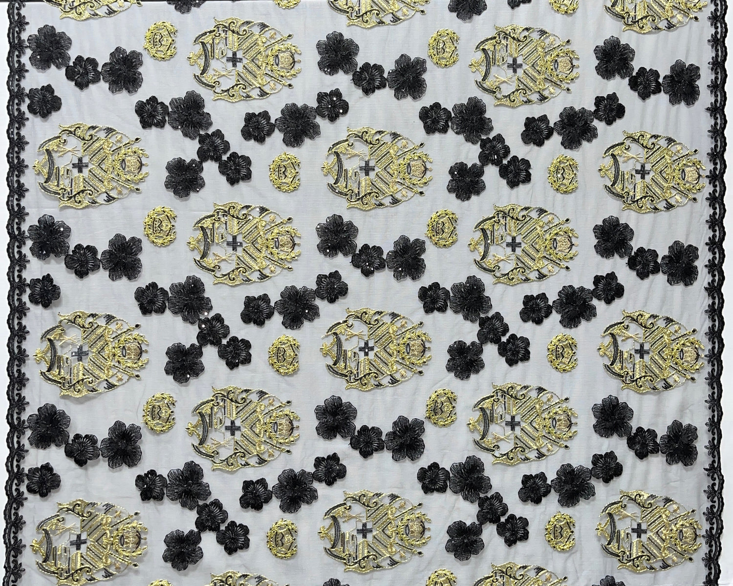 Black Hibiscus Flowers Tonga Seal Lace Polyester Fabric - Black Hibiscus Border Lace, 50" Width (1 Yard)