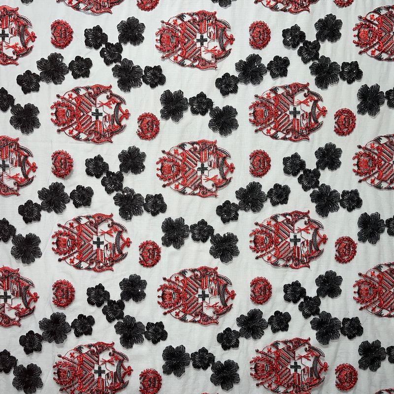 Black Hibiscus Flowers Tonga Seal Lace Polyester Fabric - Black Hibiscus Border Lace, 50" Width (1 Yard)