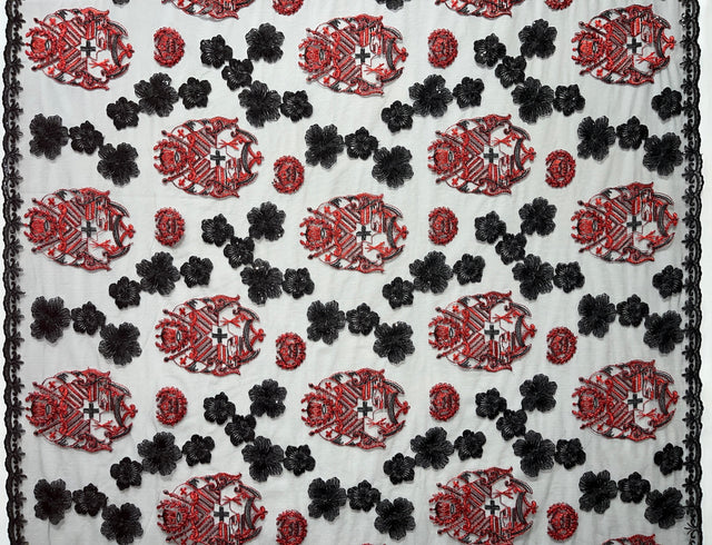 Black Hibiscus Flowers Tonga Seal Lace Polyester Fabric - Black Hibiscus Border Lace, 50" Width (1 Yard)