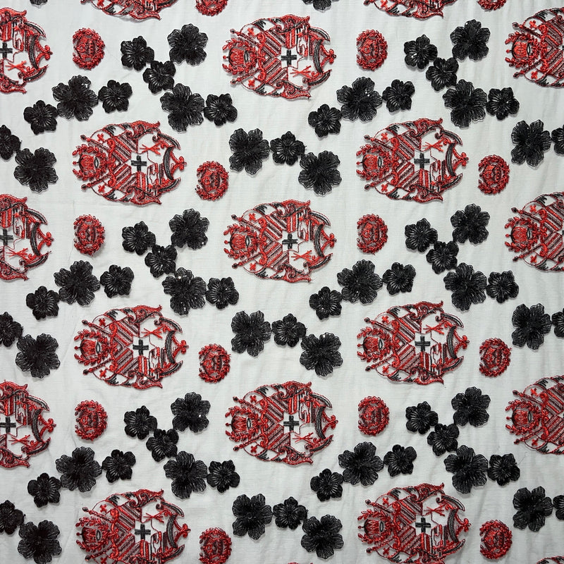 Black Hibiscus Flowers Tonga Seal Polyester Lace Fabric - Black Hibiscus Pattern, 50" Width (1 Yard)