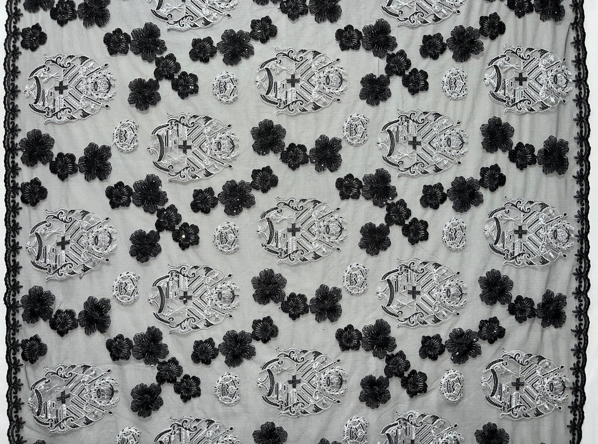 Black Hibiscus Flowers Tonga Seal Polyester Lace Fabric - Black Hibiscus Pattern, 50" Width (1 Yard)