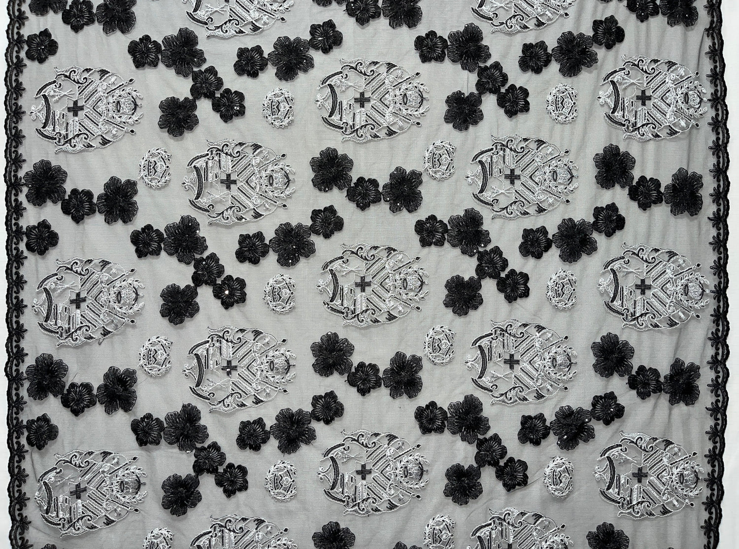 Black Hibiscus Flowers Tonga Seal Polyester Lace Fabric - Black Hibiscus Pattern, 50" Width (1 Yard)