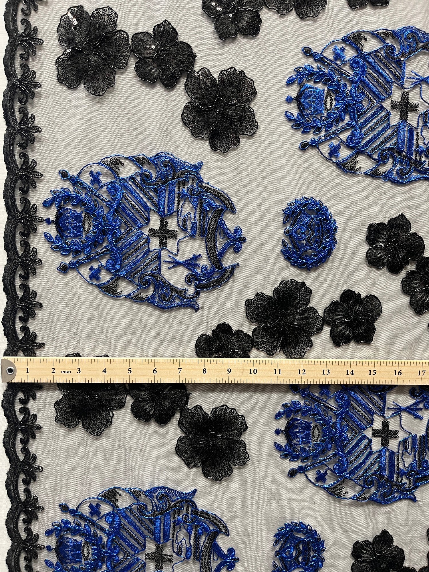 Black Hibiscus Flowers Tonga Seal Lace Polyester Fabric - Black Hibiscus Border Lace, 50" Width (1 Yard)