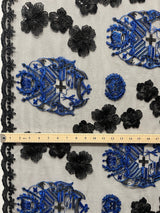 Black Hibiscus Flowers Tonga Seal Lace Polyester Fabric - Black Hibiscus Border Lace, 50" Width (1 Yard)