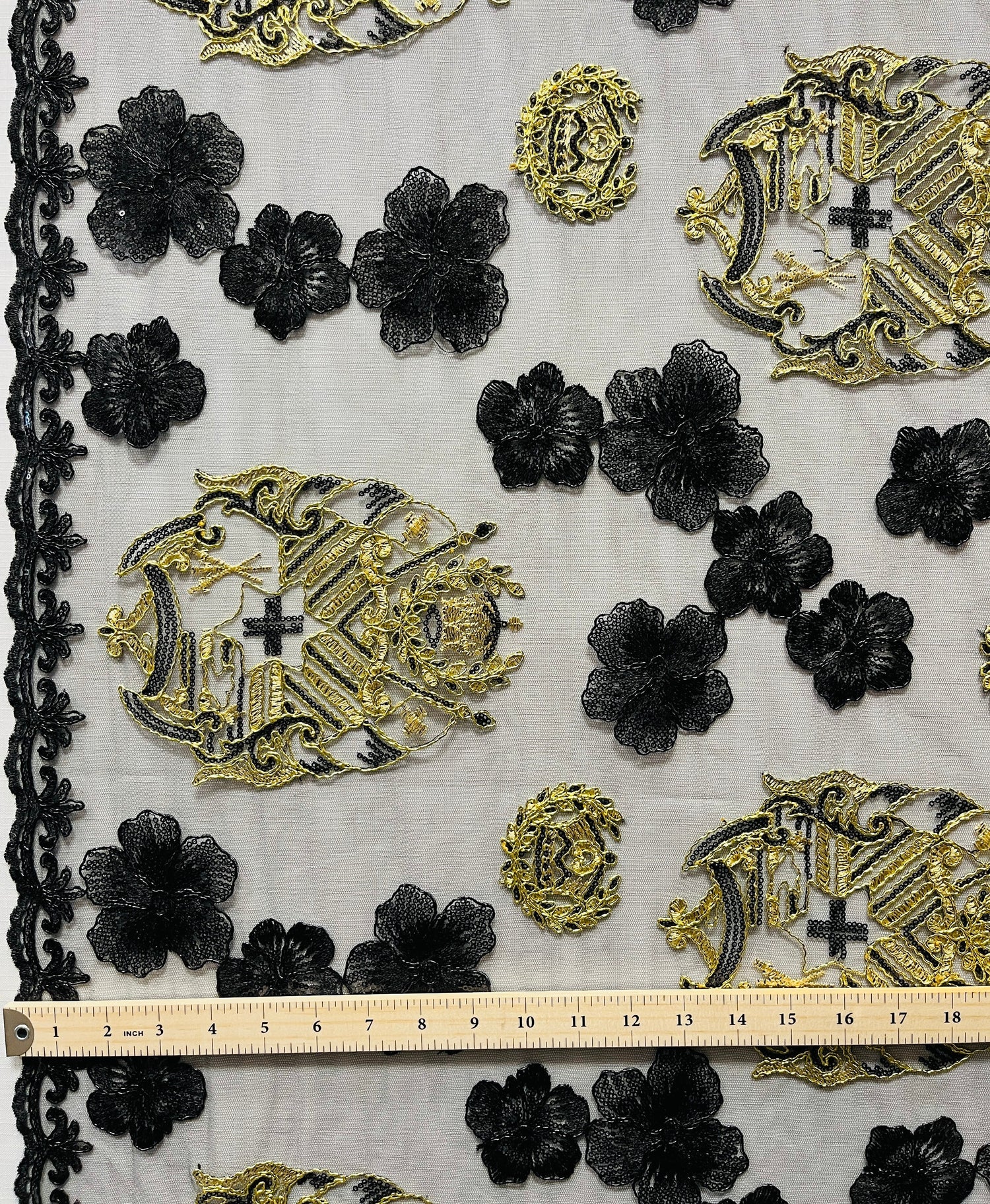 Black Hibiscus Flowers Tonga Seal Polyester Lace Fabric - Black Hibiscus Pattern, 50" Width (1 Yard)