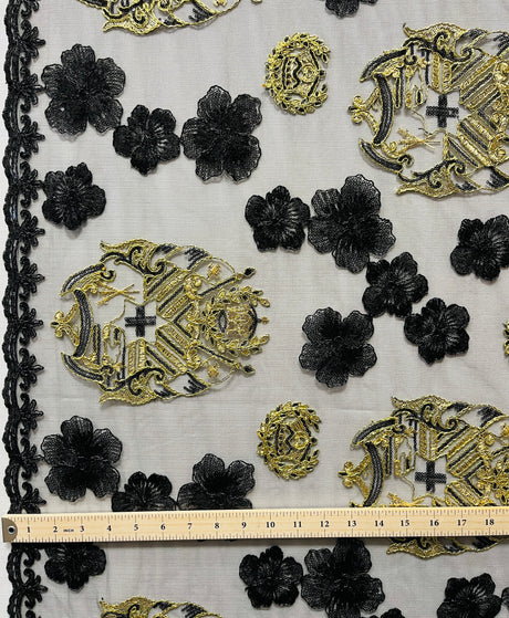Black Hibiscus Flowers Tonga Seal Polyester Lace Fabric - Black Hibiscus Pattern, 50" Width (1 Yard)