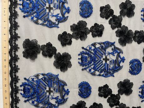 Black Hibiscus Flowers Tonga Seal Lace Polyester Fabric - Black Hibiscus Border Lace, 50" Width (1 Yard)