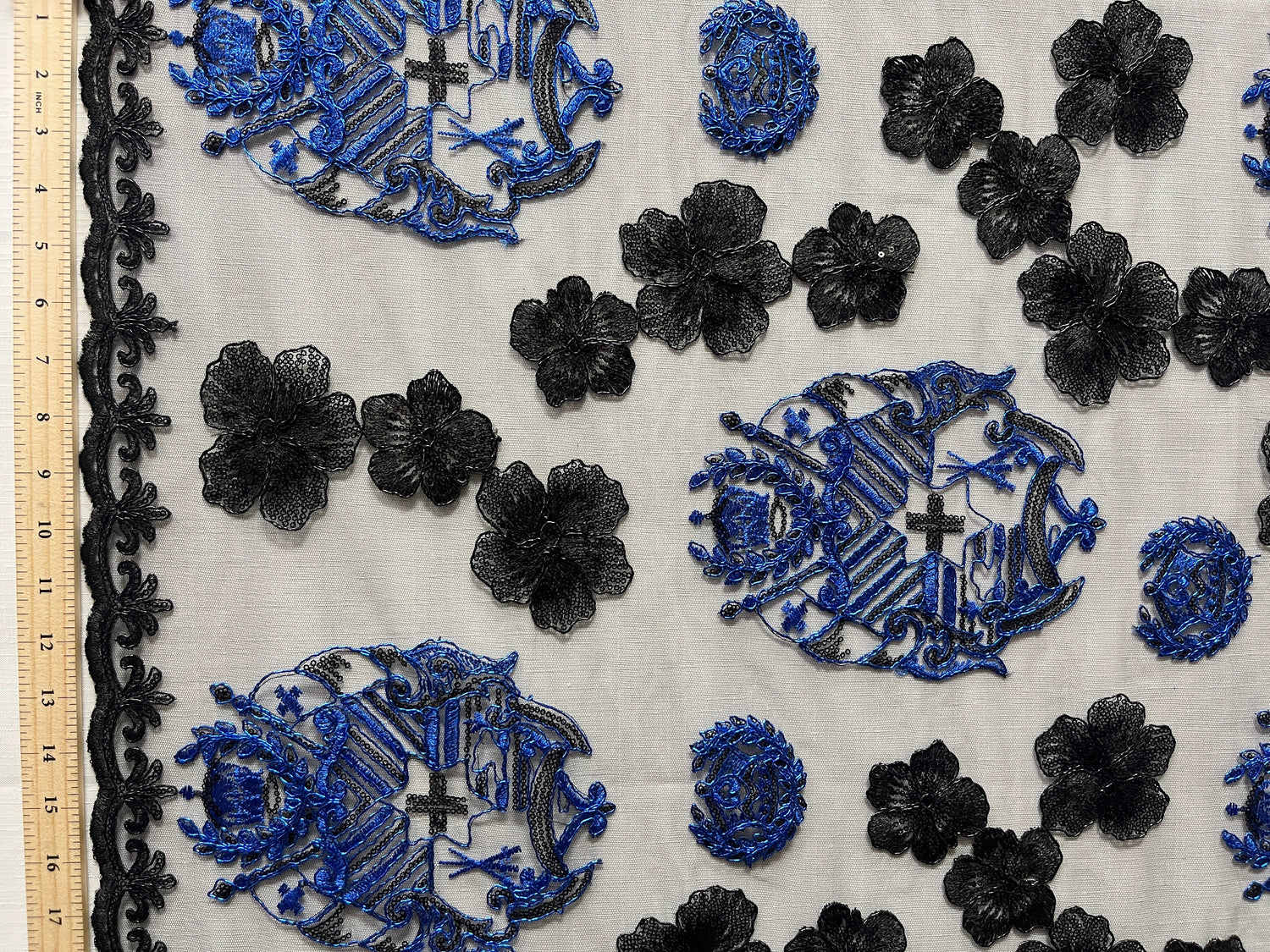 Black Hibiscus Flowers Tonga Seal Polyester Lace Fabric - Black Hibiscus Pattern, 50" Width (1 Yard)