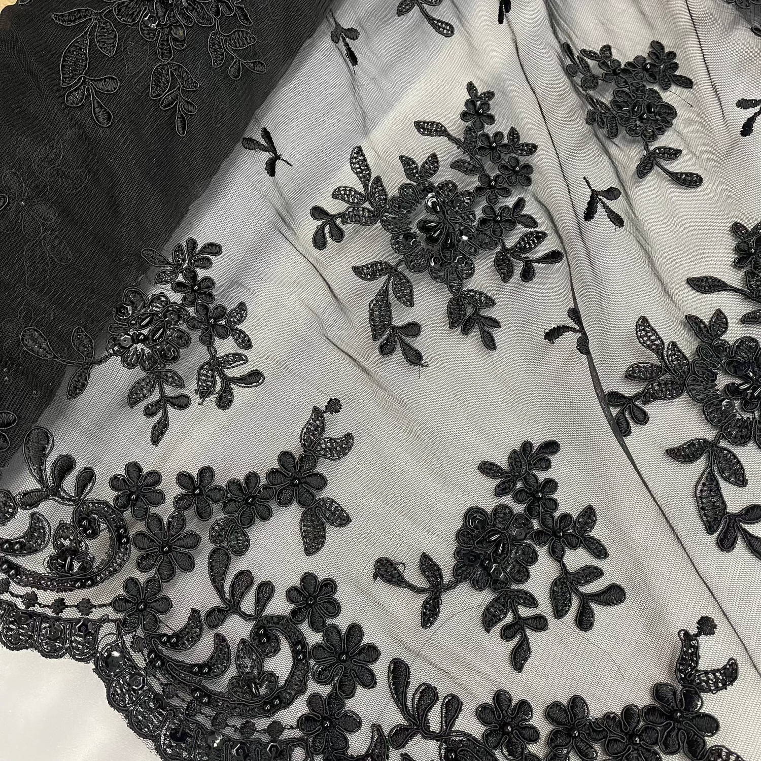 1 Yard Luxurious Beaded and Corded Bridal Lace Fabric Embroidered on Polyester Net Mesh 52 inch Width
