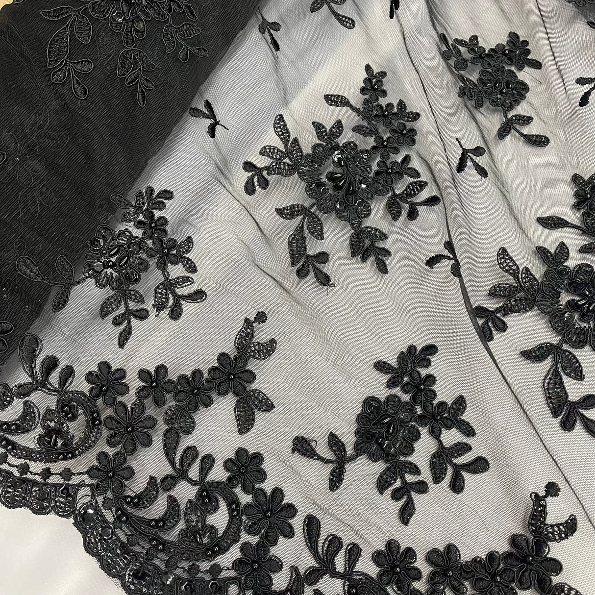 Beaded Corded Floral Lace Fabric 52" Scalloped Edges